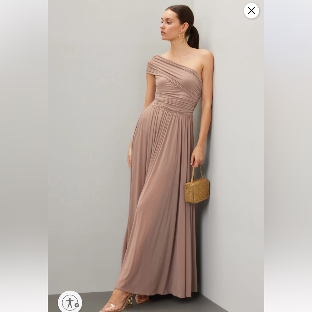 Ronny Kobo Collection One-Shoulder Taupe Maxi Dress